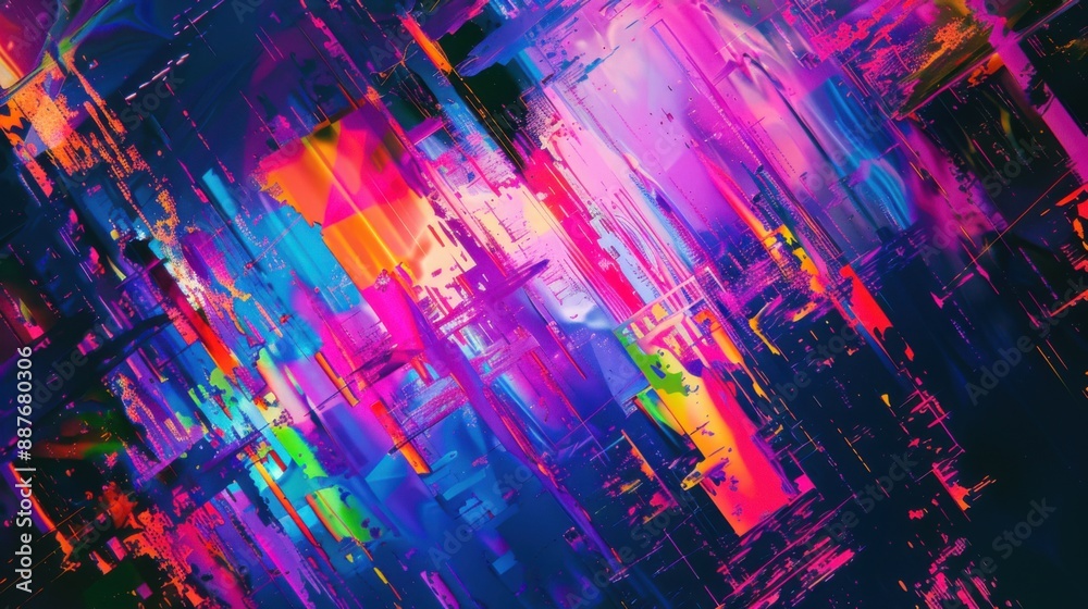 Digital Holographic Glitch Art: Neon Chaos in 16:9. Digital Holographic Glitch Art: Neon Chaos in 16:9.