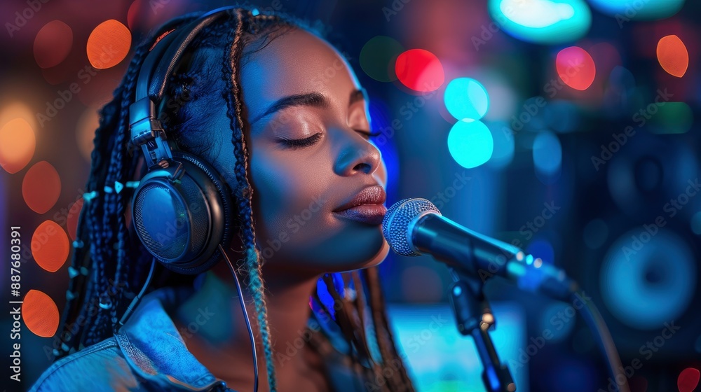 Young Adult Black Female Musician Singing With Her Eyes Closed In A Recording Studio, Passionate And Soulful, High Quality Background Young Adult Black Female Musician Singing With Her Eyes Closed In A Recording Studio, Passionate And Soulful, High Quality Background