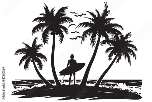 Silhouettes of young men surfing in swimsuits with surfboards on the beach with strong waves, and on a white background. Vector design illustration