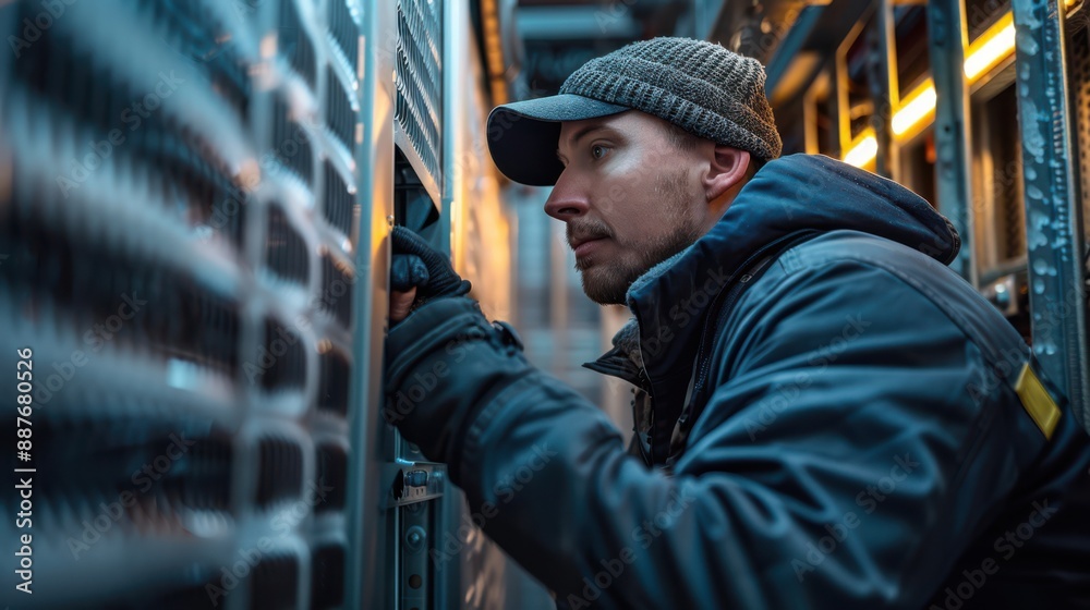 A man in a hat and a jacket is looking into a vent A man in a hat and a jacket is looking into a vent