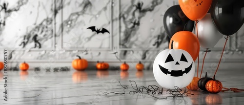 Halloween-themed room with orange and black balloons, jack-o'-lanterns, bats, and scattered decorations creating a festive atmosphere.
