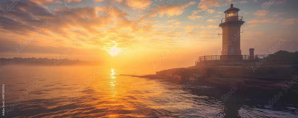 Lighthouse on a rocky shore at sunrise with a golden sky. Lighthouse on a rocky shore at sunrise with a golden sky.
