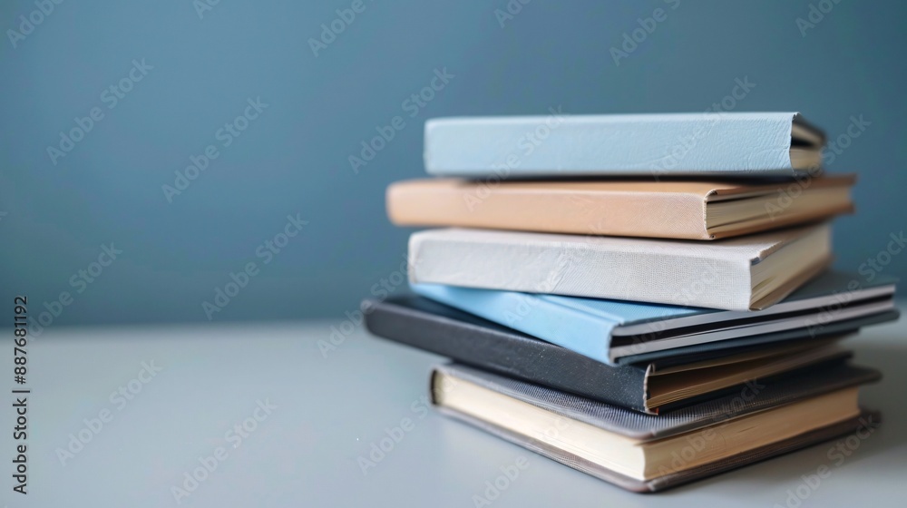 A neat stack of minimalist notebooks with clean covers, placed on a plain surface A neat stack of minimalist notebooks with clean covers, placed on a plain surface