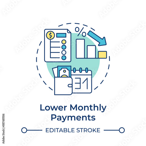 Lower monthly payments multi color concept icon. Payment period, financial planner. Round shape line illustration. Abstract idea. Graphic design. Easy to use in infographic, presentation