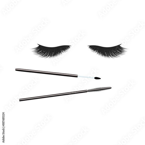 Eyelashes and makeup brushes card. Cosmetics background vector illustration. Lashes accessories for beauty concept, visage salons designs. Isolated false 3d lash on a white background