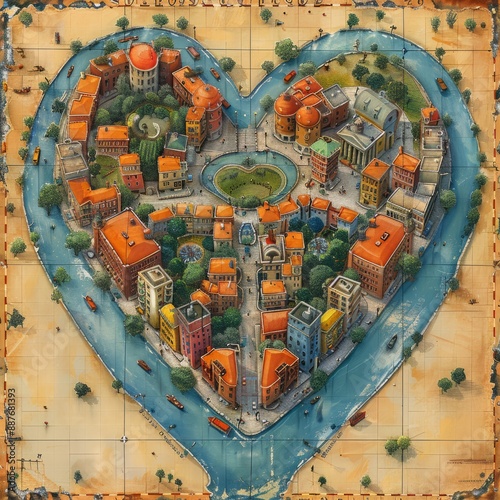 Ilustración de un corazón con forma de ciudad. Ciudad con corazón. Concepto de amor a la urbe. photo