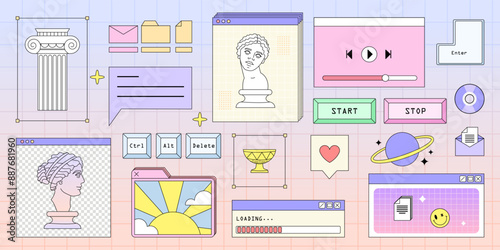 Retrowave PC Desktop with Message Boxes and Popup User Interface Elements. Retro User Interface, Psychedelic Greek Sculpture, Planet, Windows, Icons in Trendy Y2k Retro Style. Vector Illustration.