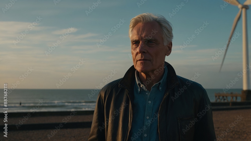 Fototapeta premium An older man looking pensive, standing by the beach near a wind turbine at sunset, capturing a moment of reflection. 