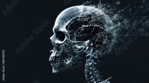 Futuristic Digital Human Skull with Neural Network Connections on Dark Background