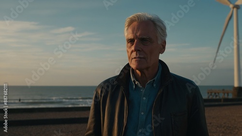 An older man looking pensive, standing by the beach near a wind turbine at sunset, capturing a moment of reflection.

