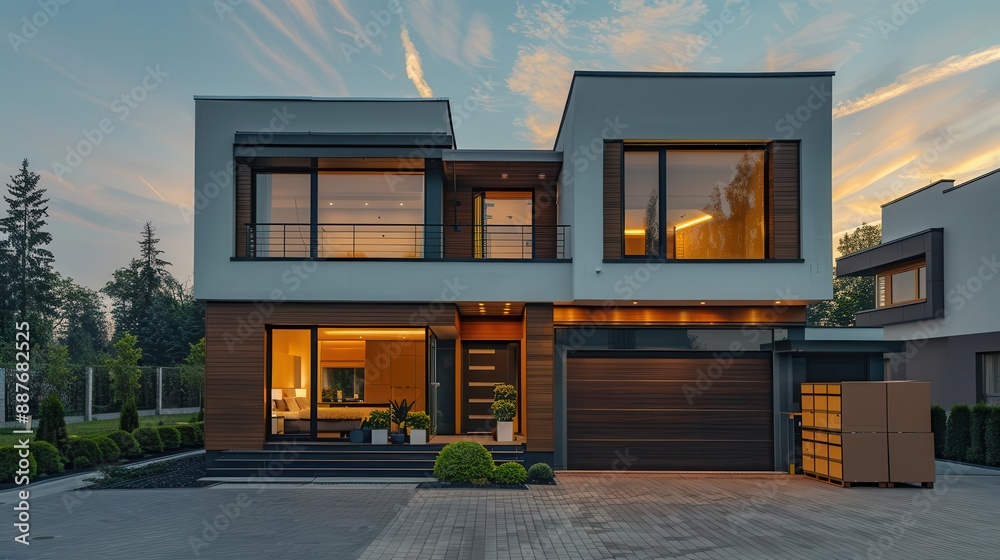 Modern, two-story house with large windows and a garage door. The house is lit up at night, creating a warm and inviting atmosphere. Modern, two-story house with large windows and a garage door. The house is lit up at night, creating a warm and inviting atmosphere.