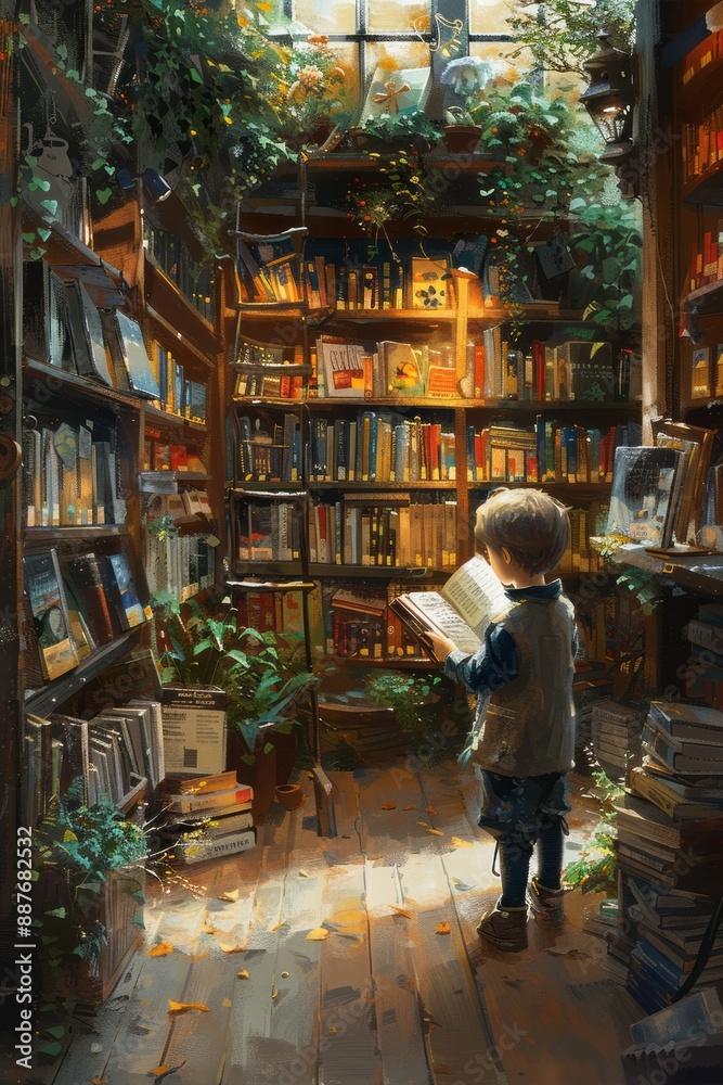 Joven niño feliz de espaldas a la cámara de pie en una biblioteca con luz natural. Niños en la biblioteca que se interesan por la lectura y la cultura. Joven niño feliz de espaldas a la cámara de pie en una biblioteca con luz natural. Niños en la biblioteca que se interesan por la lectura y la cultura.