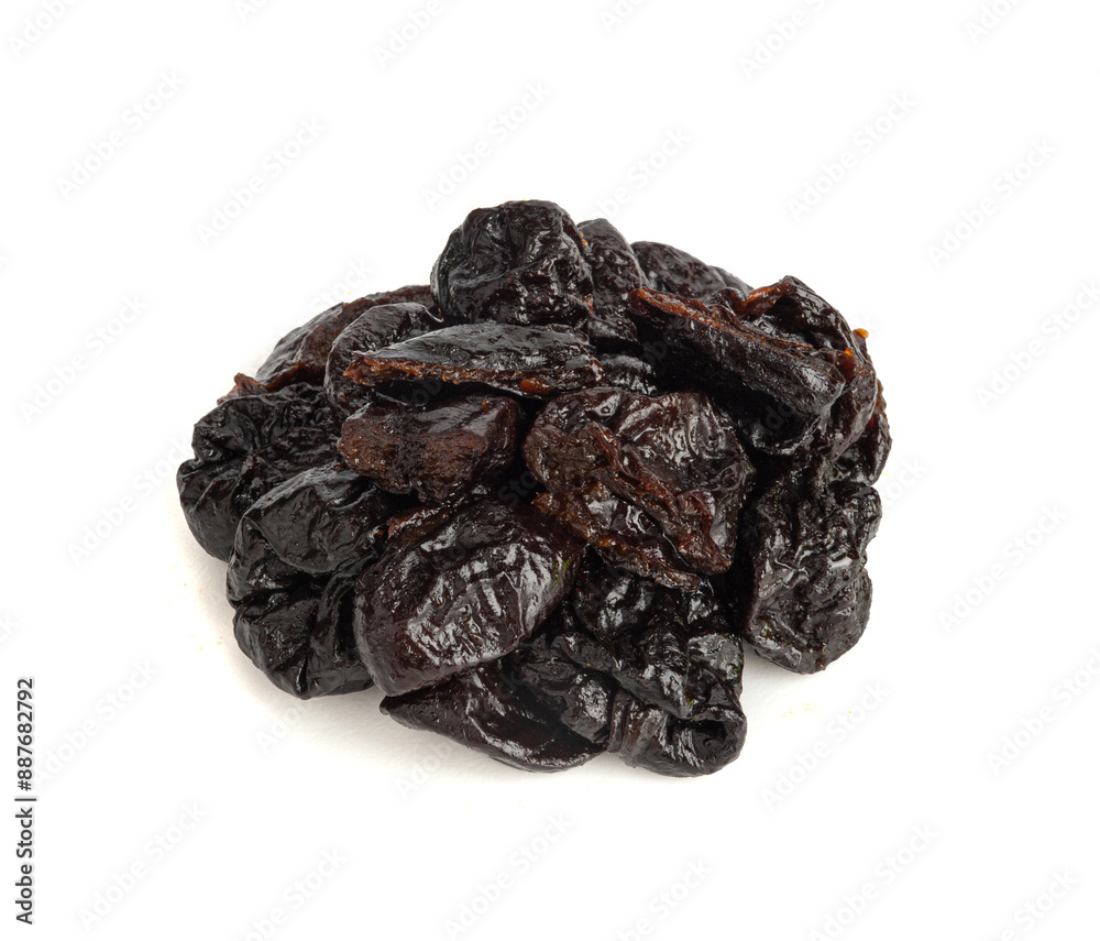 Dry Plums Isolated, Dried Black Fruits, Prune Group, Dry Plum Fruit on White Background Dry Plums Isolated, Dried Black Fruits, Prune Group, Dry Plum Fruit on White Background