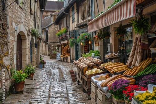 Fototapeta Naklejka Na Ścianę i Meble -  A quaint French village market, with stalls selling fresh baguettes, cheeses, and flowers, cobblestone streets