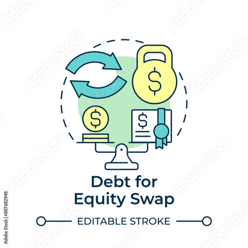 Debt for equity swap multi color concept icon. Debt settlement, exchange. Financial restructuring. Round shape line illustration. Abstract idea. Graphic design. Easy to use in infographic