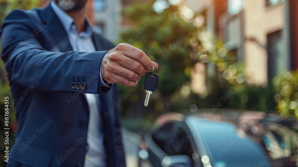 A man in a suit holding a car key A man in a suit holding a car key