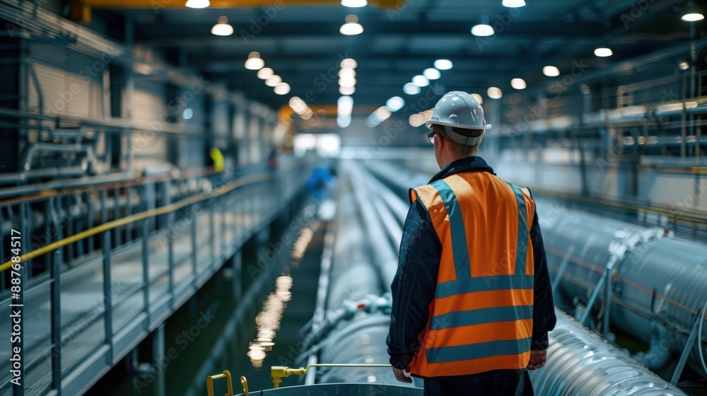 A man in a safety vest stands in a large industrial building A man in a safety vest stands in a large industrial building
