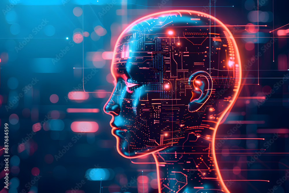 Side profile of a futuristic artificial intelligence computer head with glowing lines and data Side profile of a futuristic artificial intelligence computer head with glowing lines and data