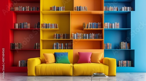 Bookshelves painted in solid colors with minimal books neatly arranged