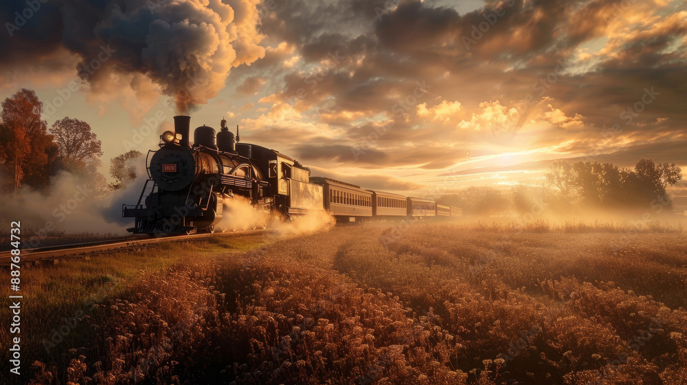 Fototapeta premium A steam locomotive billowing clouds of white smoke as it travels along the tracks. The powerful train showcases the classic design of steam engines, with plumes of steam rising dramatically against