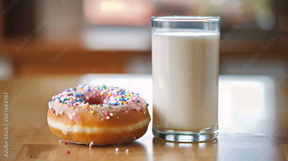 Donut and glass of milk on the wooden table. Close up Donut and glass of milk on the wooden table. Close up