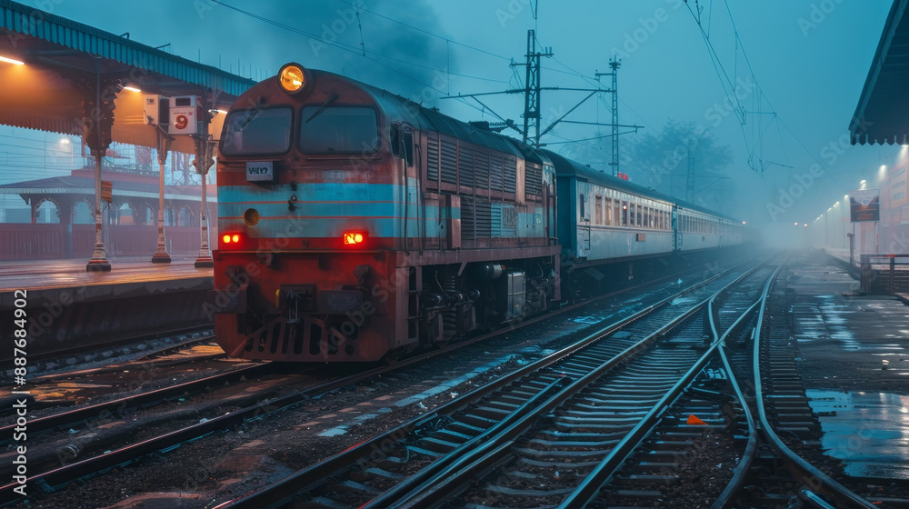 Fototapeta premium Indian electric locomotive at Amritsar railway station during the day, showcasing vibrant colors and activity around the platform. The scene captures the essence of railway travel in India, 