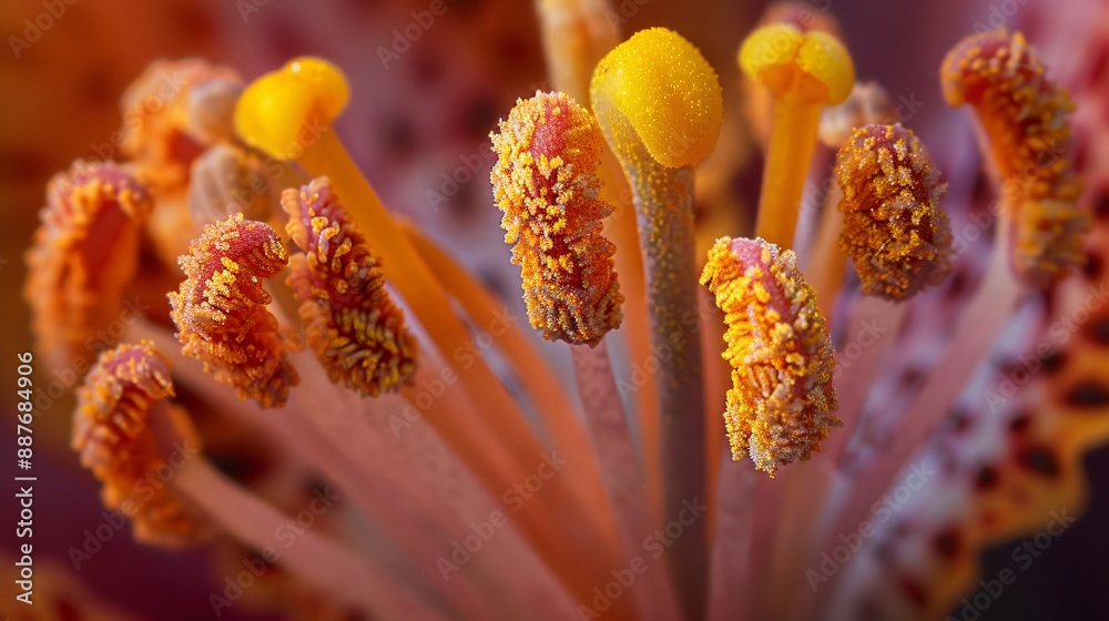Macro shot of pollen grains clinging to the stamen of a flower, revealing their textured surfaces Macro shot of pollen grains clinging to the stamen of a flower, revealing their textured surfaces