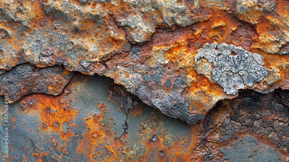 Macro shot of rust forming intricate patterns on a piece of metal, with a mix of colors and textures