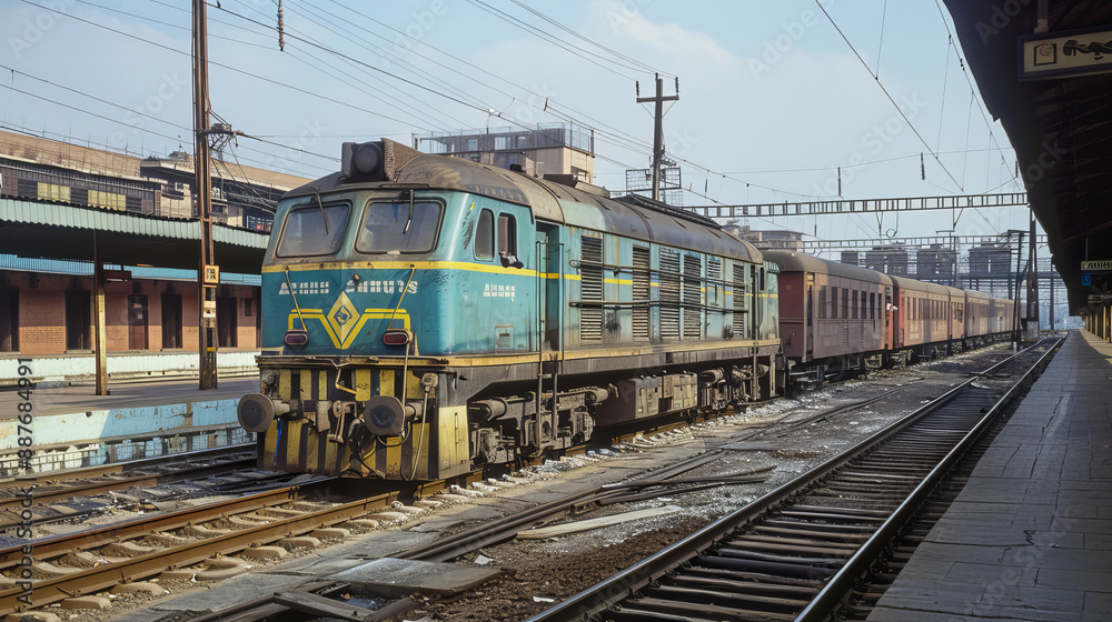 Indian electric locomotive at Amritsar railway station during the day, showcasing vibrant colors and activity around the platform. The scene captures the essence of railway travel in India, 