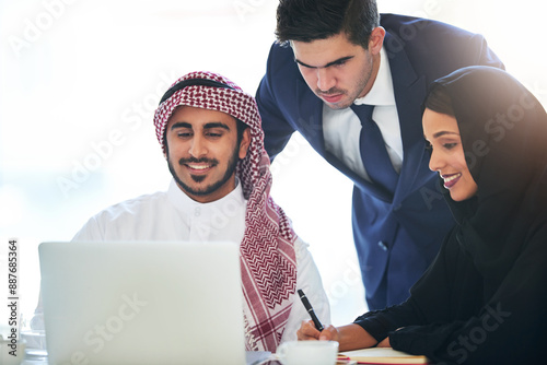 Islamic, teamwork and business people in office with laptop, planning and meeting for oil project. Arabic company, mentor and muslim employees with tech for search, industry trends or market analysis