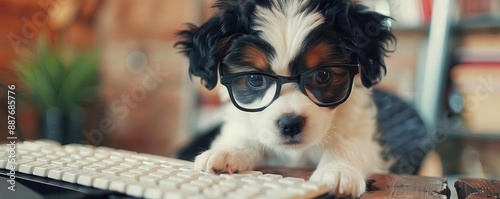 A puppy wearing horn-rimmed glasses is sitting on a desk in front of a computer keyboard.