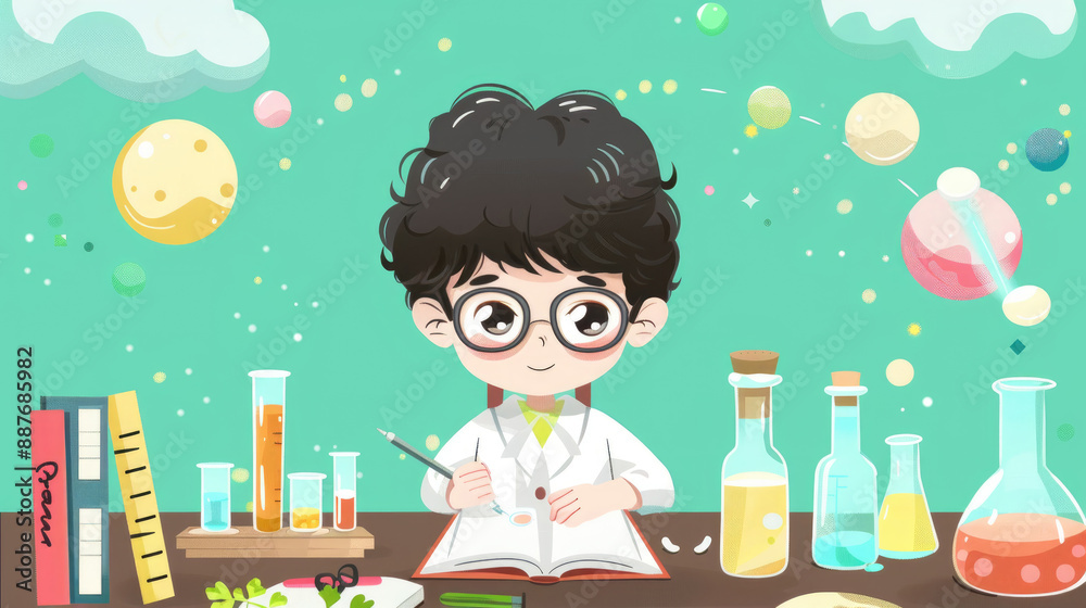 A young scientist wearing a lab coat is writing in a notebook while surrounded by beakers and other laboratory equipment A young scientist wearing a lab coat is writing in a notebook while surrounded by beakers and other laboratory equipment