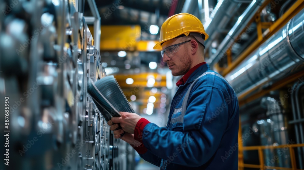 A man in a yellow helmet and safety glasses is looking at a piece of paper A man in a yellow helmet and safety glasses is looking at a piece of paper