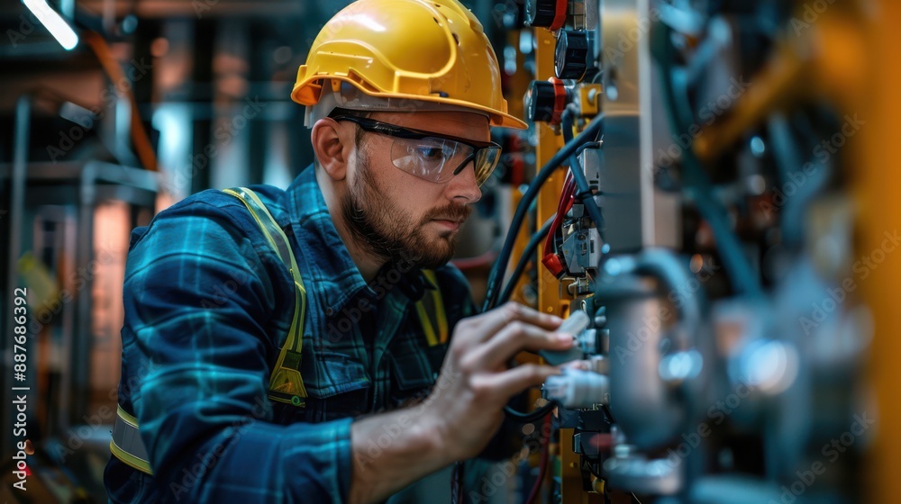 A man in a yellow helmet is working on a machine A man in a yellow helmet is working on a machine