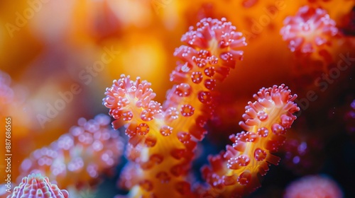 Extreme closeup of coral polyps, showing their tiny, intricate structures and vibrant colors