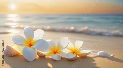 Flower and seashell beautiful landscape beach sunset sky warm or