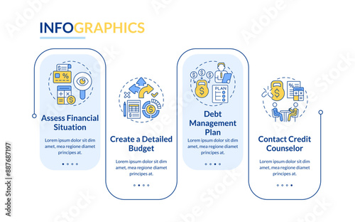 Debt management plan rectangle infographic vector. Counseling agencies, credit contract. Data visualization with 4 steps. Editable rectangular options chart. Lato-Bold, Regular fonts used