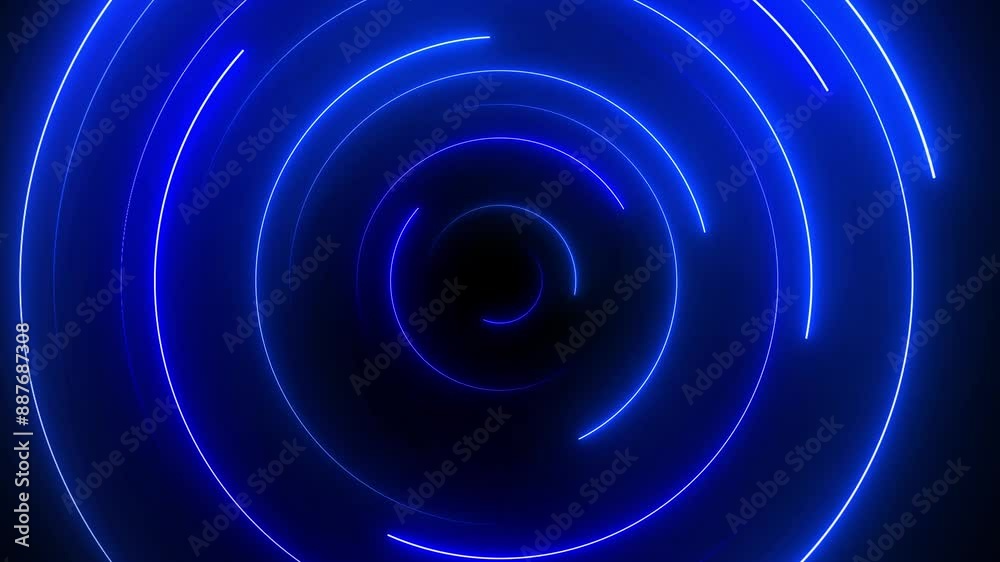 Animated neon blue lines circles rotation animation on dark background