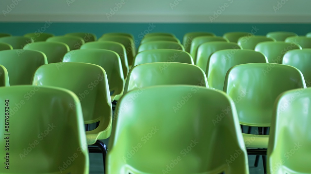 Fototapeta premium Minimalist classroom chairs in solid green, arranged neatly in rows