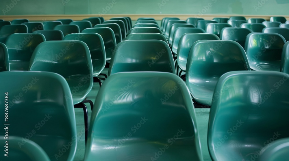 Naklejka premium Minimalist classroom chairs in solid green, arranged neatly in rows