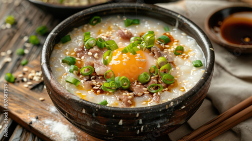 Traditional Chinese congee with minced pork, raw egg yolk, sesame seeds, and scallions in a rustic ceramic bowl