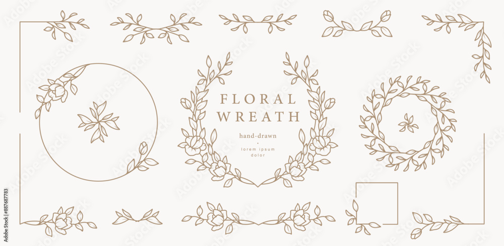 Hand drawn floral frames, wreaths, corners with flowers, branches and leaves. Trendy greenery elements in line art style. Vector for label, corporate identity, wedding invitation, card