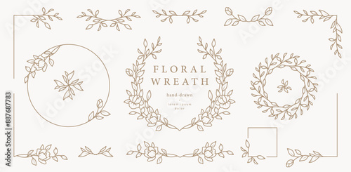Hand drawn floral frames, wreaths, corners with flowers, branches and leaves. Trendy greenery elements in line art style. Vector for label, corporate identity, wedding invitation, card