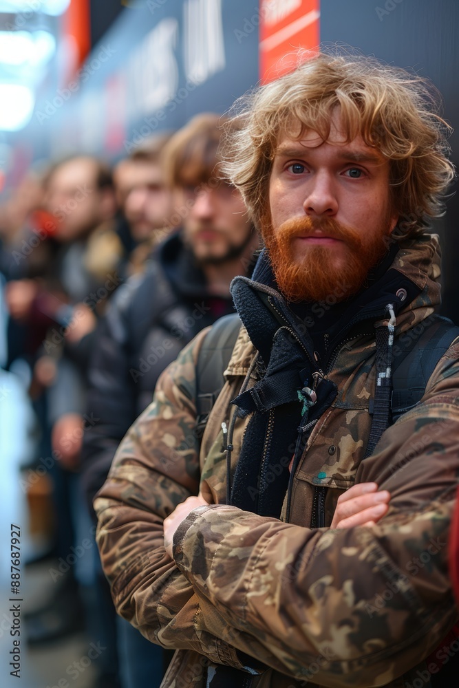 Fototapeta premium Crowded airport gate with passengers in line due to flight overbooking or delay, causing frustration