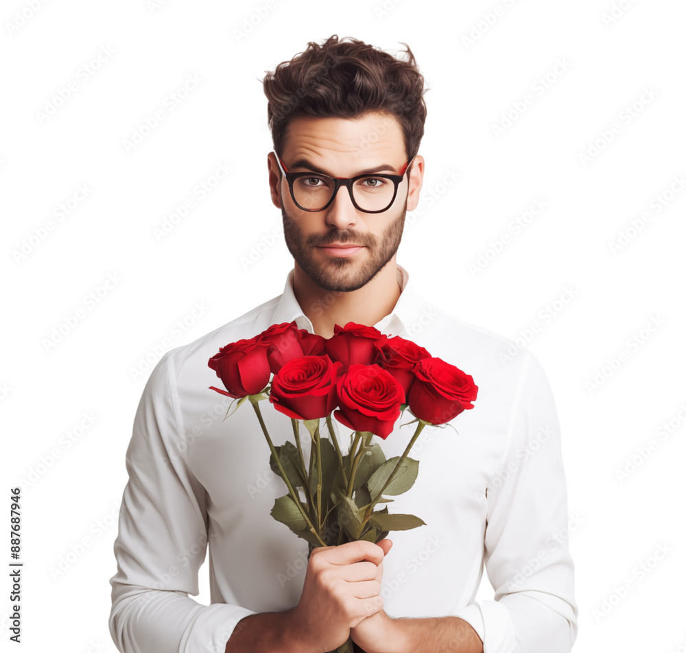 Man tenderly presents a bouquet of red roses to his beloved, conveying deep affection, adoration, and heartfelt sentiment in a romantic gesture of love Man tenderly presents a bouquet of red roses to his beloved, conveying deep affection, adoration, and heartfelt sentiment in a romantic gesture of love