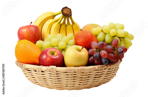 Oranges, apples, grapes and bananas in a woven basket presenting a diverse and delicious selection of fresh and flavorful fruits.