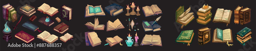 Fantasy game UI icon cartoon image of old magic book. Halloween wizard library with ancient fairytale or grimoire assets illustration. Medieval school dictionary.