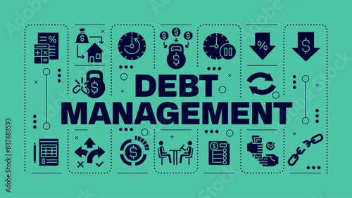 Debt management green word concept. Financial stability, economics. Mortgage interest rate. Visual communication. Vector art with lettering text, editable glyph icons. Hubot Sans font used