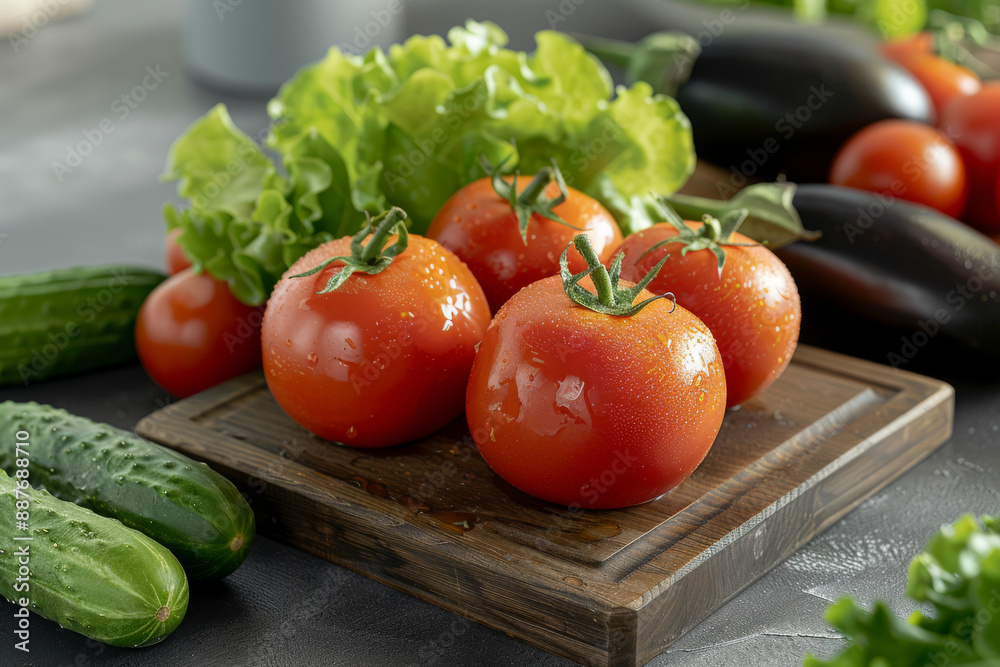 Fresh vegetables - tomatoes, cucumbers, lettuce, eggplants on a beautiful wooden cutting board. Fresh vegetables - tomatoes, cucumbers, lettuce, eggplants on a beautiful wooden cutting board.