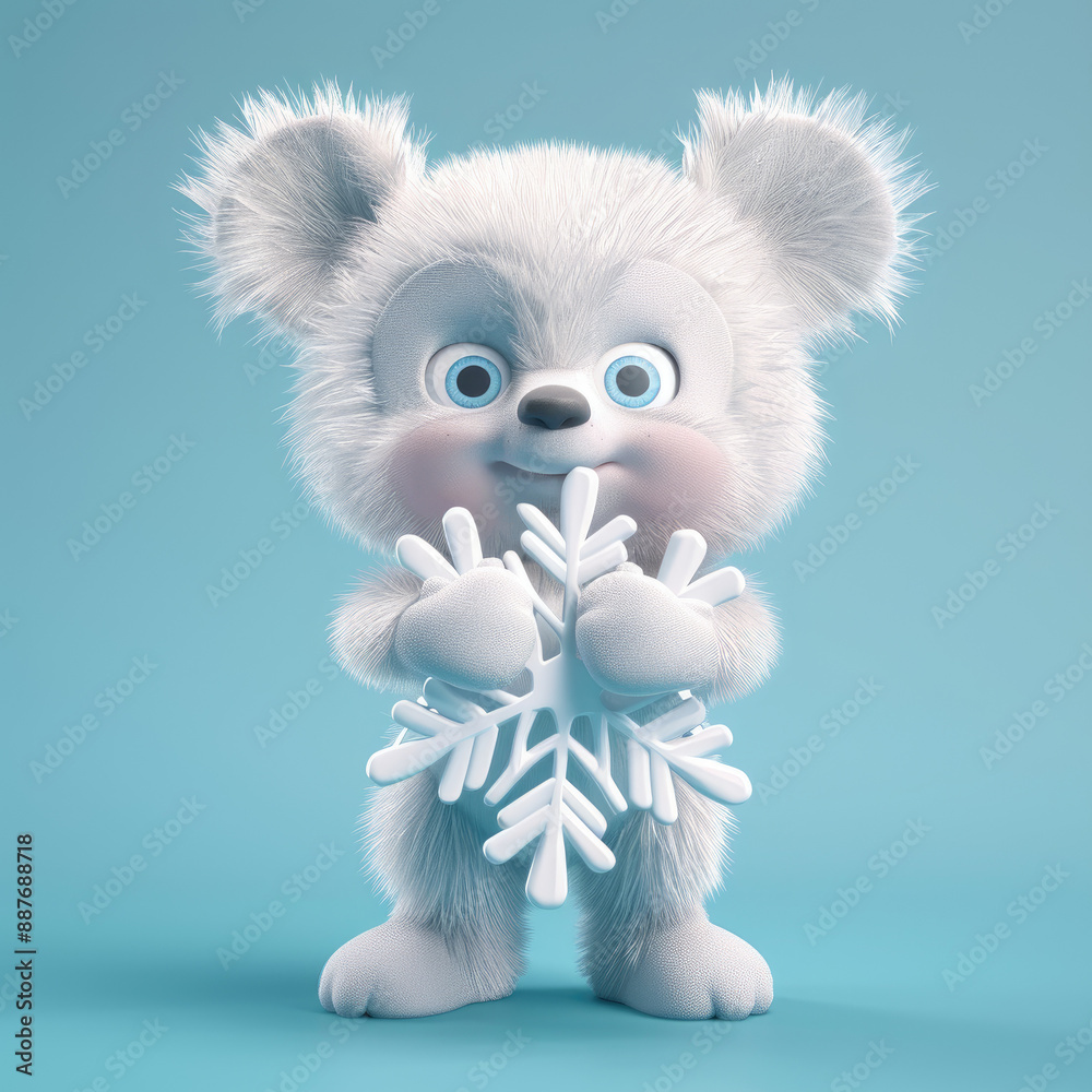 3D funny cartoon polar bear with a snowflake in its paws close-up, isolated, on a blue background. The basis for the refrigeration logo, illustration for printing on children's clothing, children's to 3D funny cartoon polar bear with a snowflake in its paws close-up, isolated, on a blue background. The basis for the refrigeration logo, illustration for printing on children's clothing, children's to